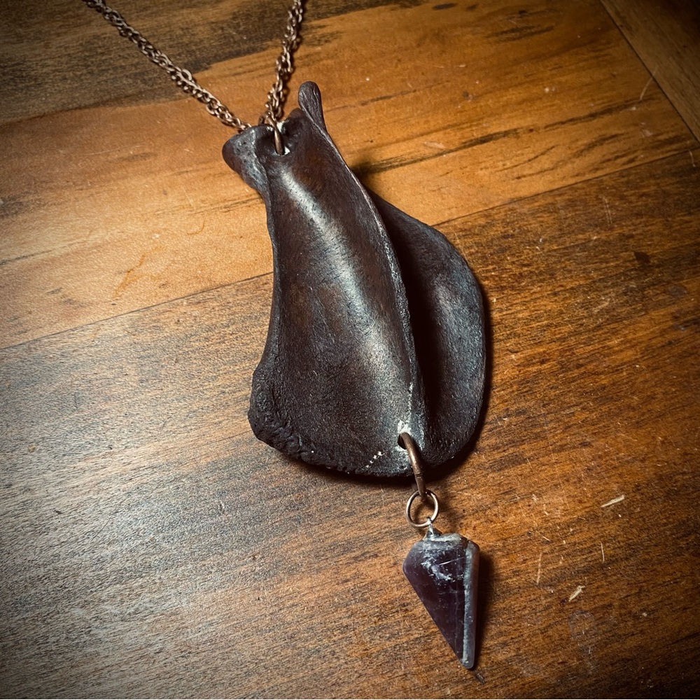 Dyed Coyote Scapula Bone Amethyst Crystal Chain Necklace